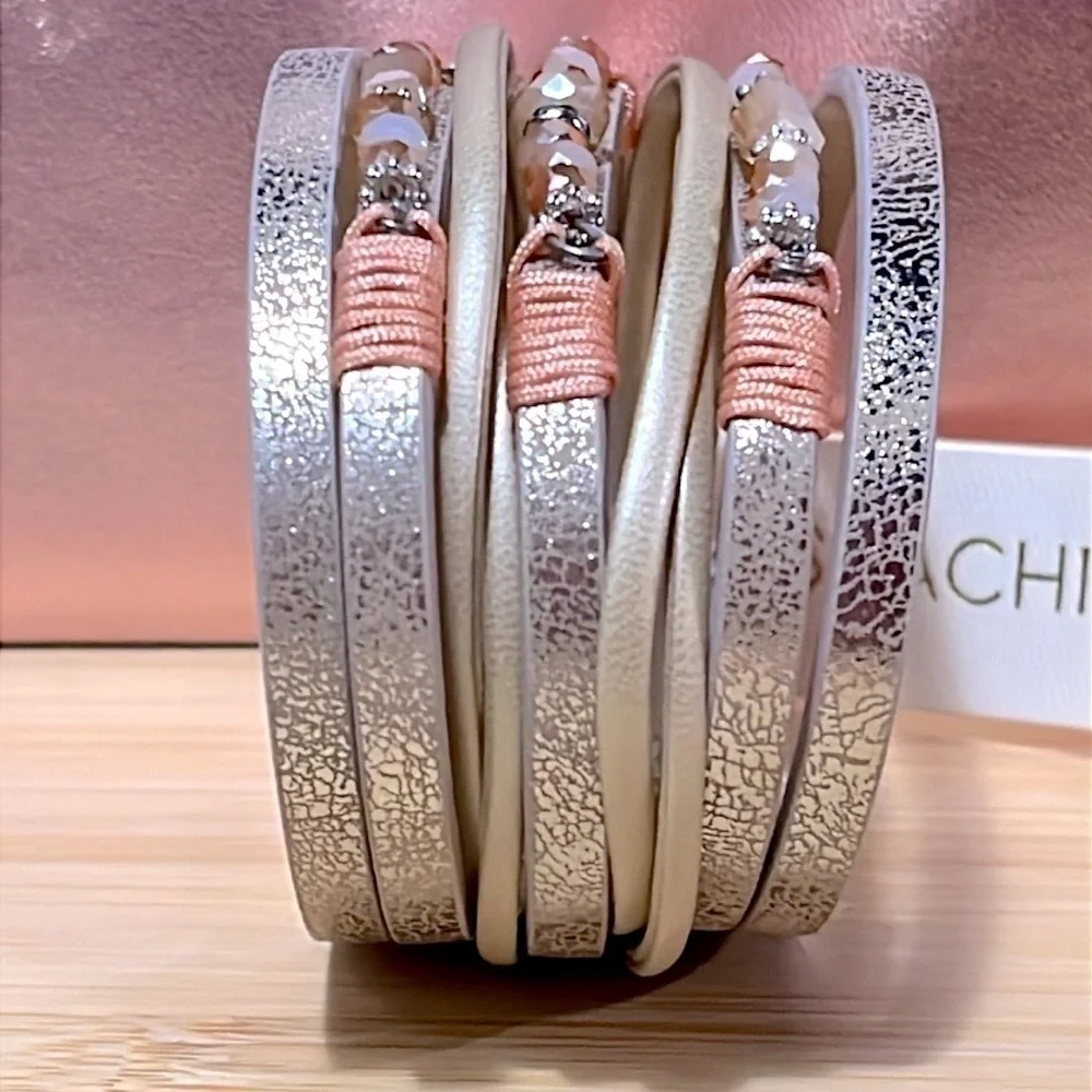 Brand New Multi-Strap Beaded Vegan Leather Wrap Magnetic Clasp Metallic Bracelet